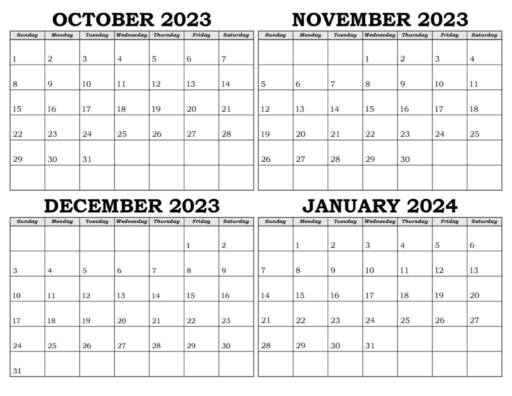 Calendar October 2023 to January 2024