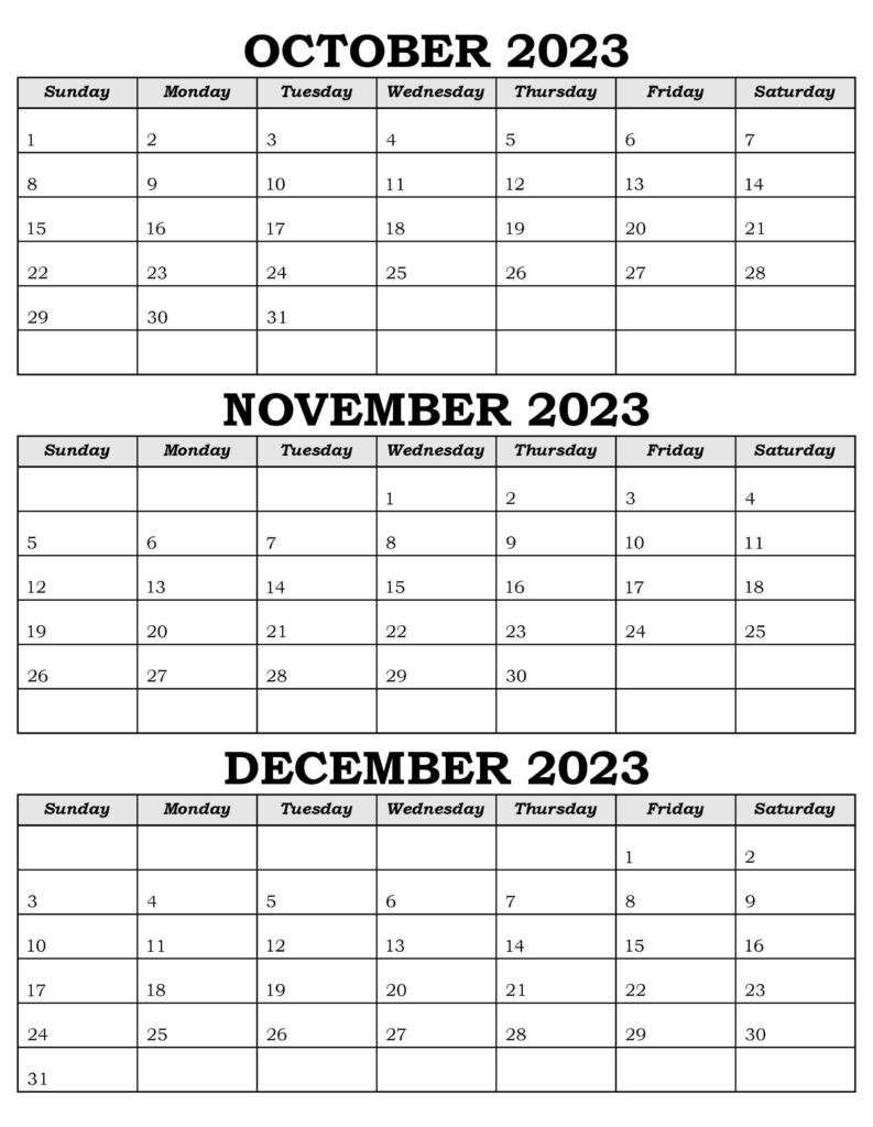 Calendar October November December 2023