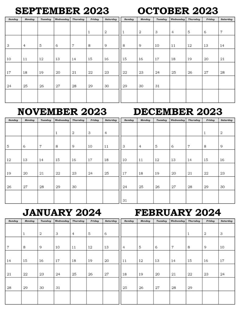 Calendar September 2023 to February 2024