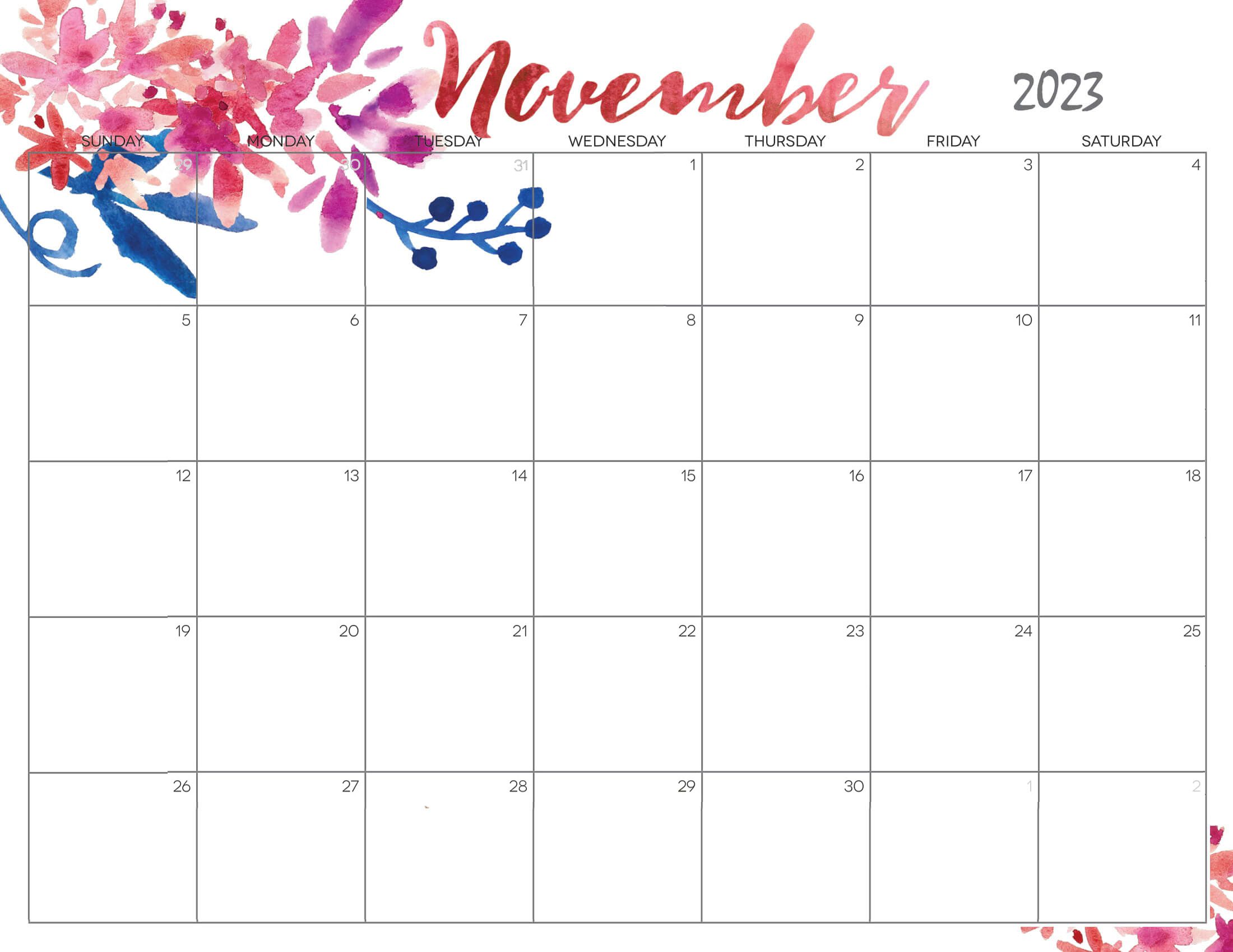 Cute November Calendar 2023 Printable