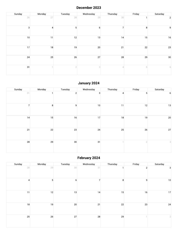 December 2023 to February 2024 Calendar Printable
