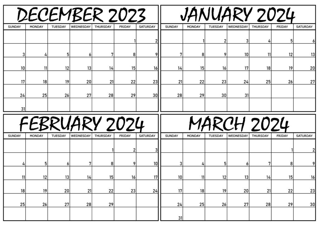 December 2023 to March 2024 Calendar Pemplate