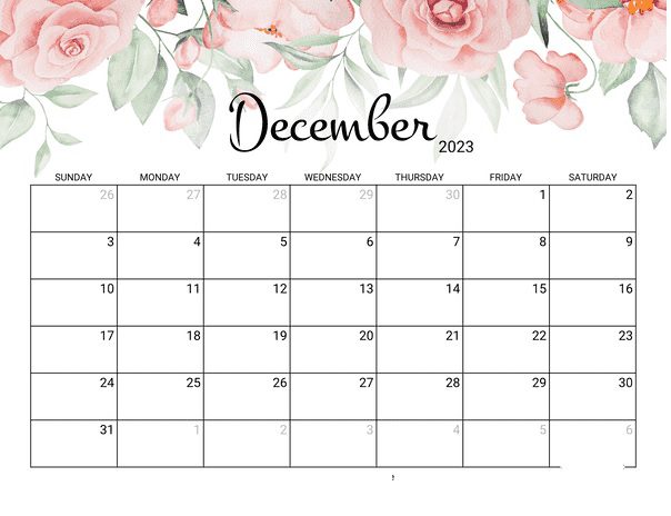 December Calendar 2023 Cute PDF