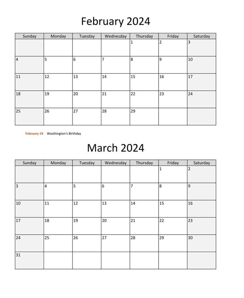 February March 2024 Calendar Free