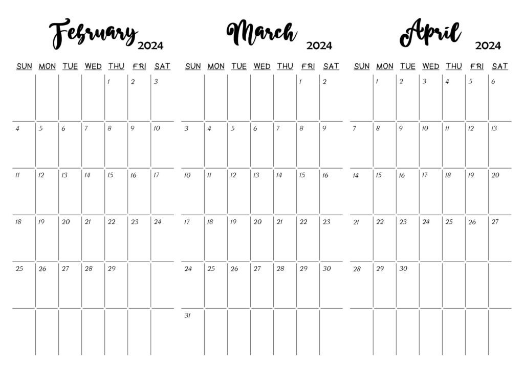 February March April 2024 Calendar