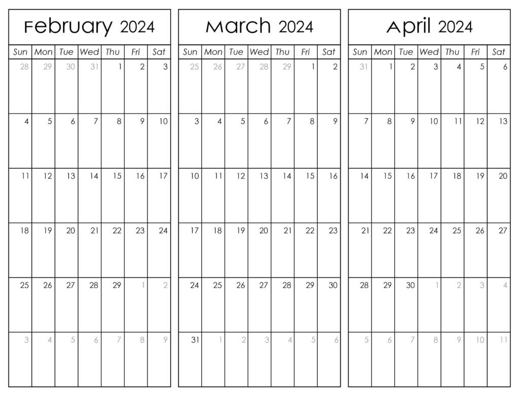 February March and April Calendar 2024