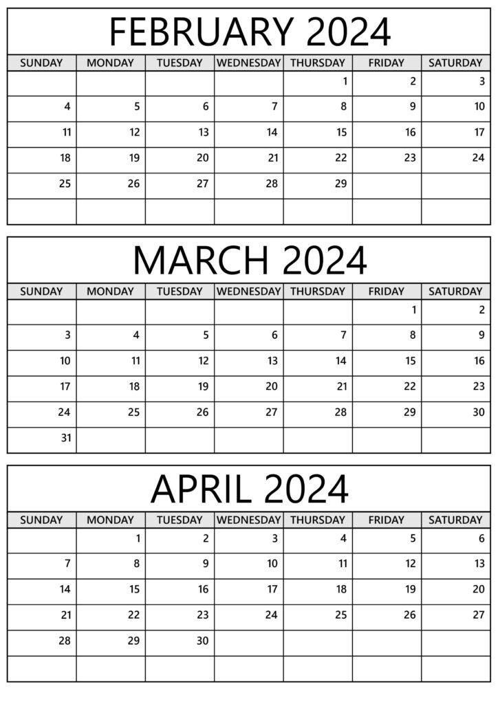 February to April 2024 Calendar Templates