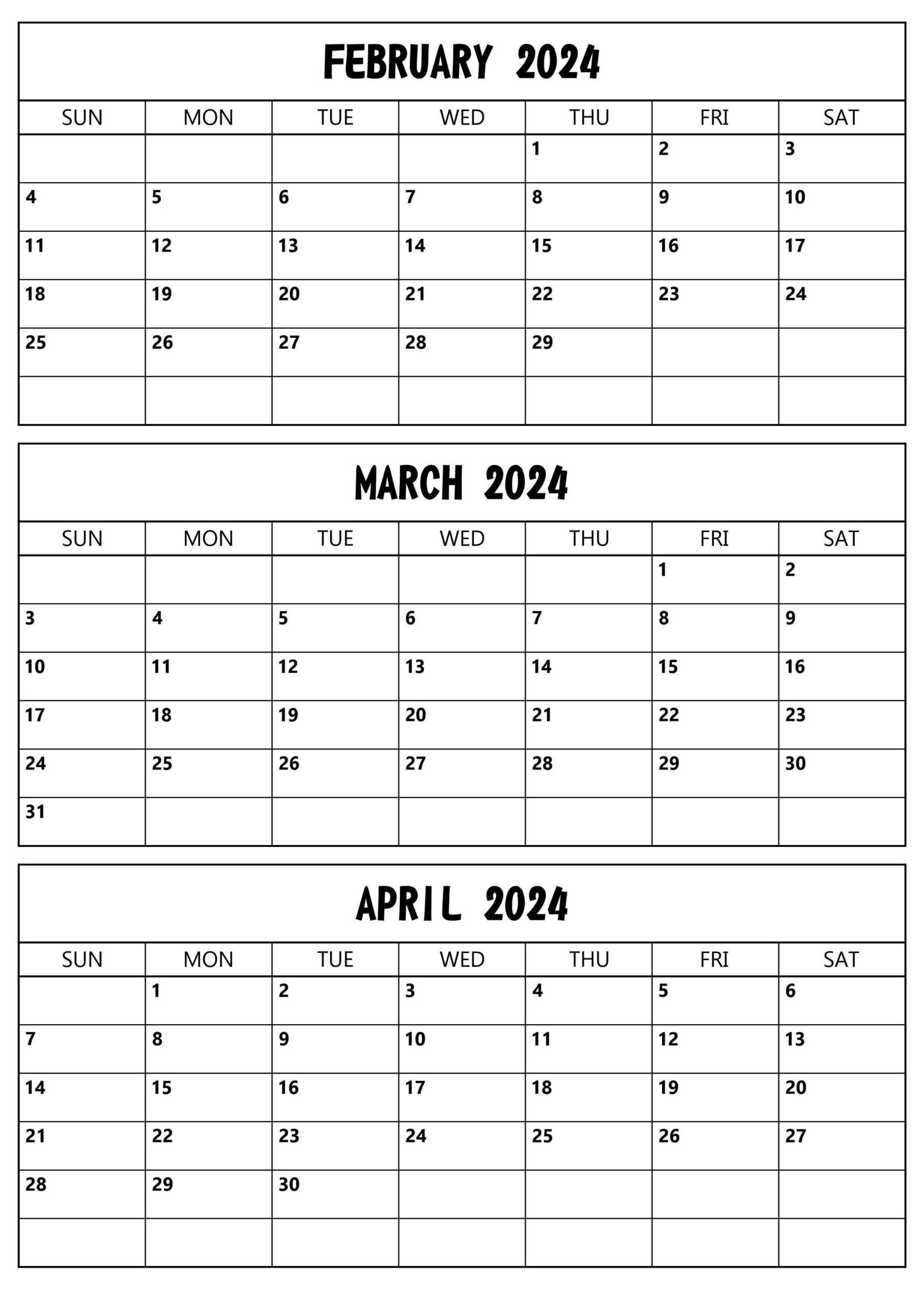 February to April 2024 Calendar