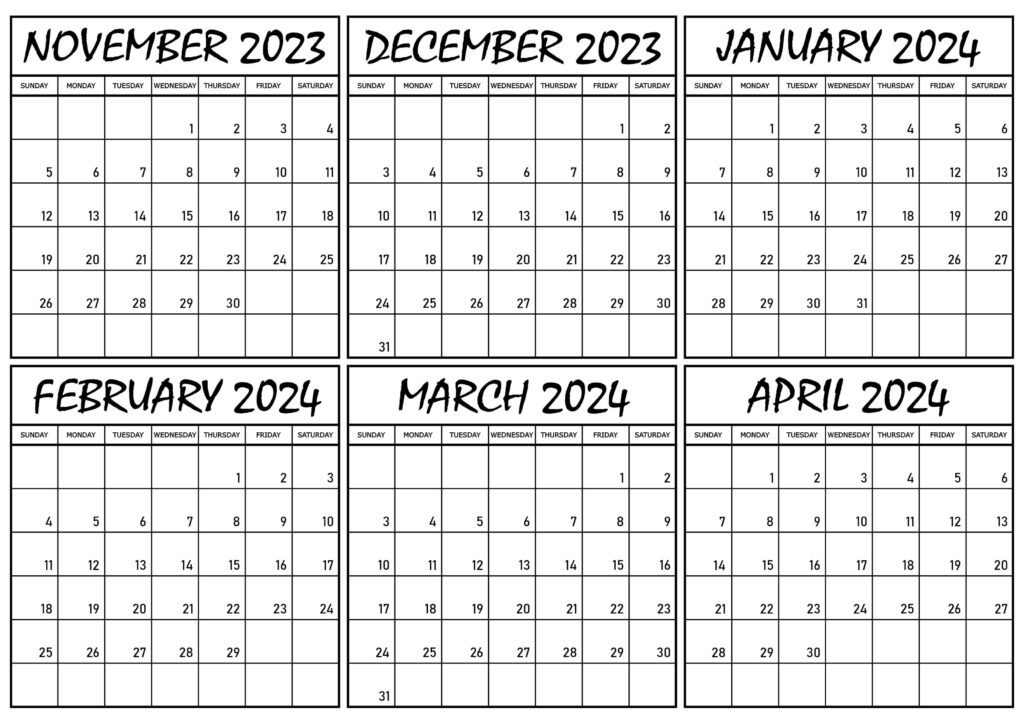 Free Calendar November 2023 to April 2024