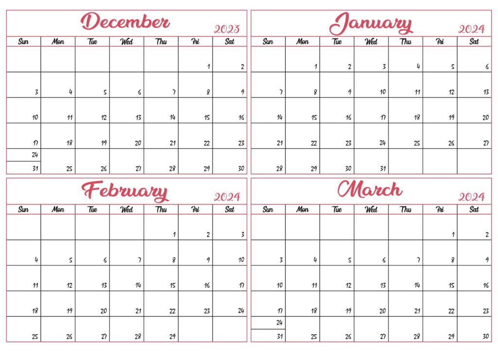 Free December 2023 to March 2024 Calendar