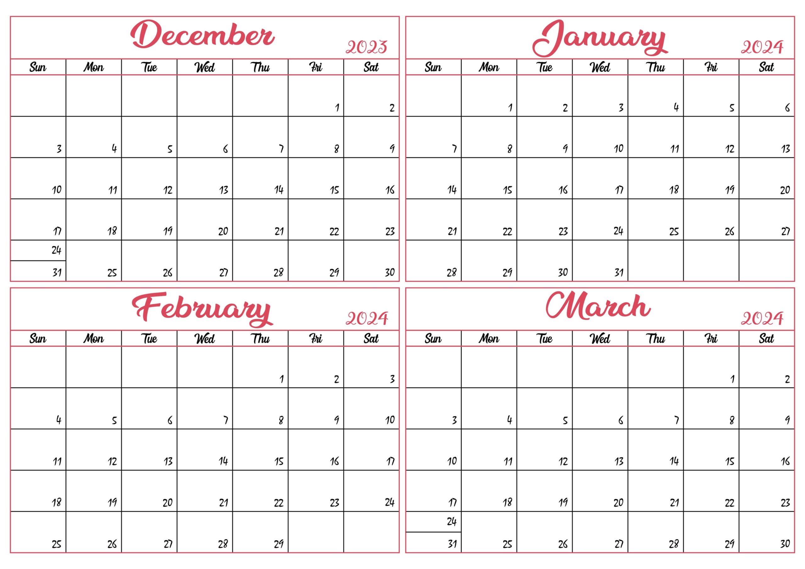 Free December 2023 to March 2024 Calendar