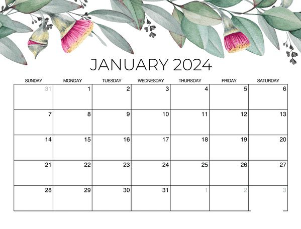 January Calendar 2024 Cute Free