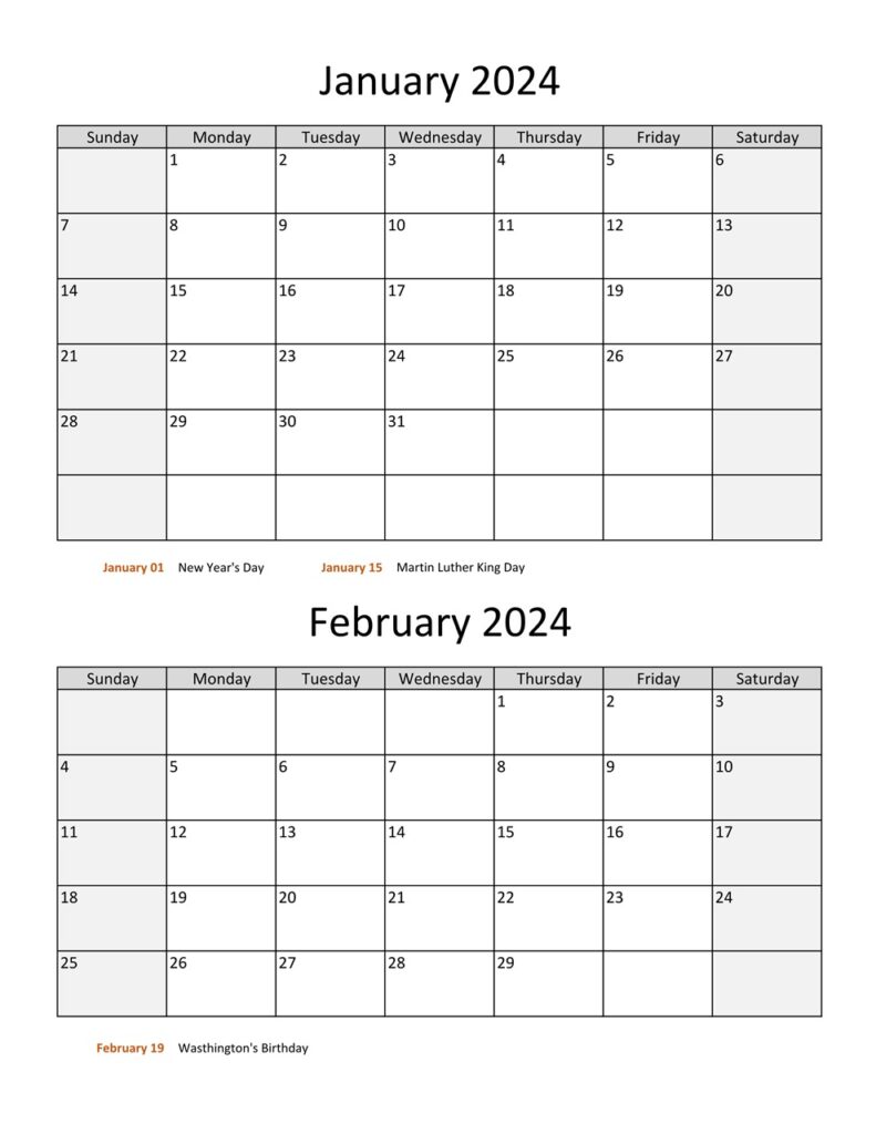 January February 2024 Calendar Free