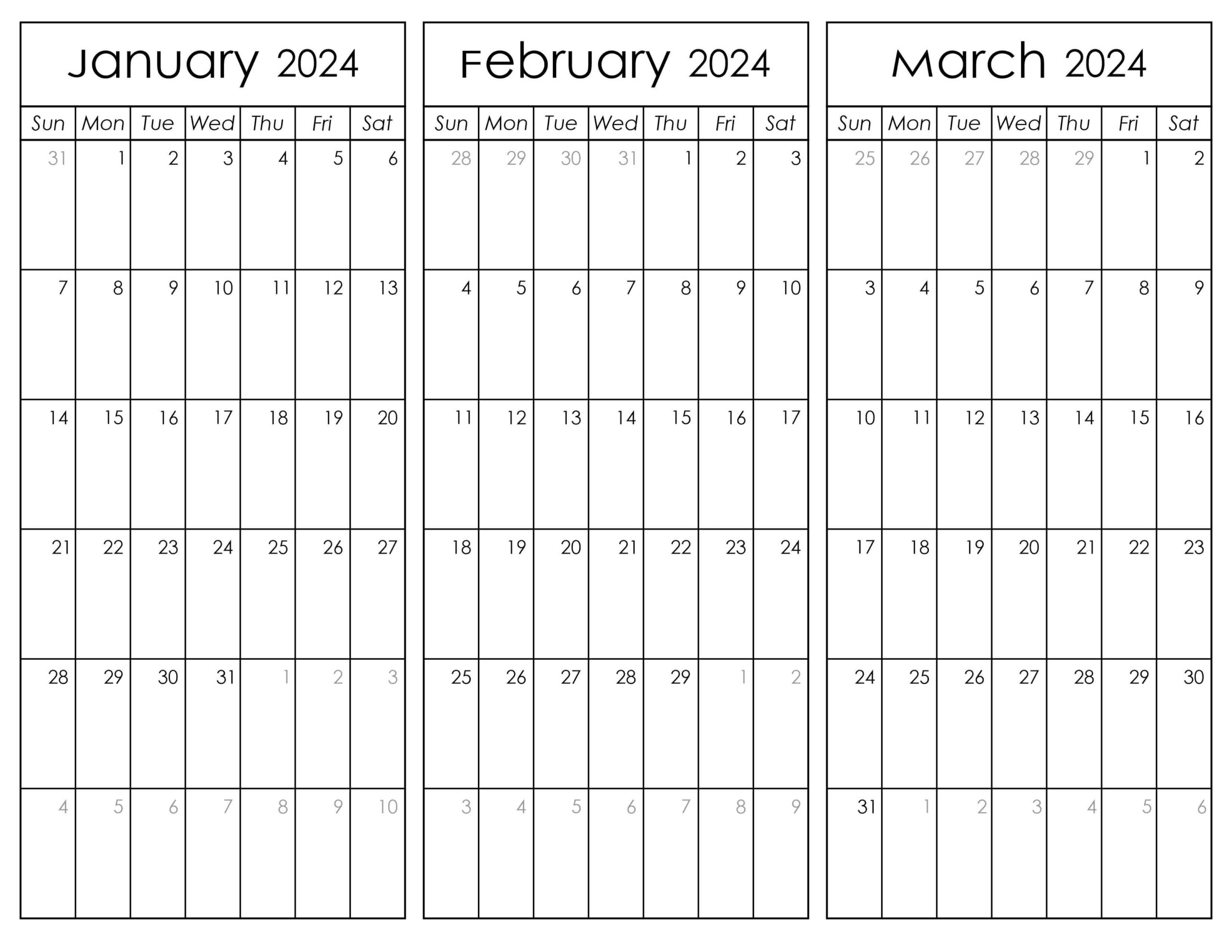 January February and March Calendar 2024