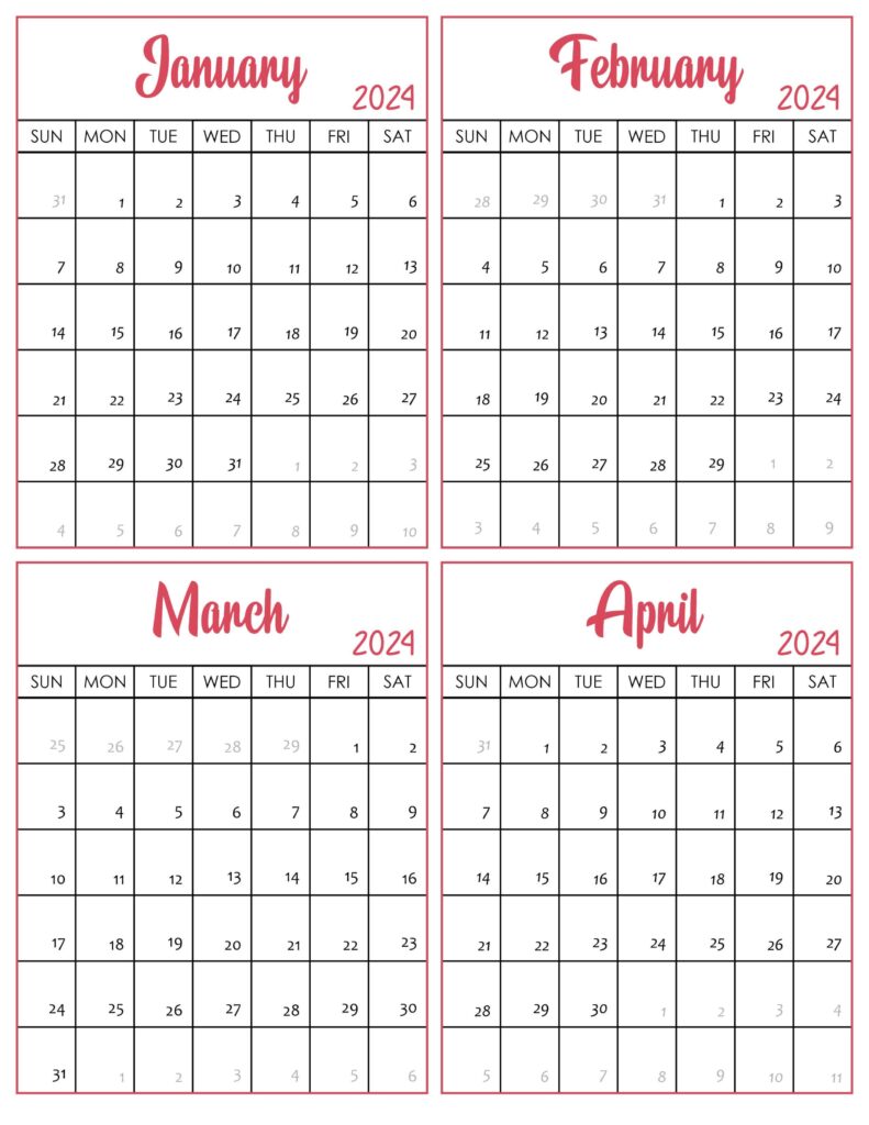 January to April 2024 Calendar Blank