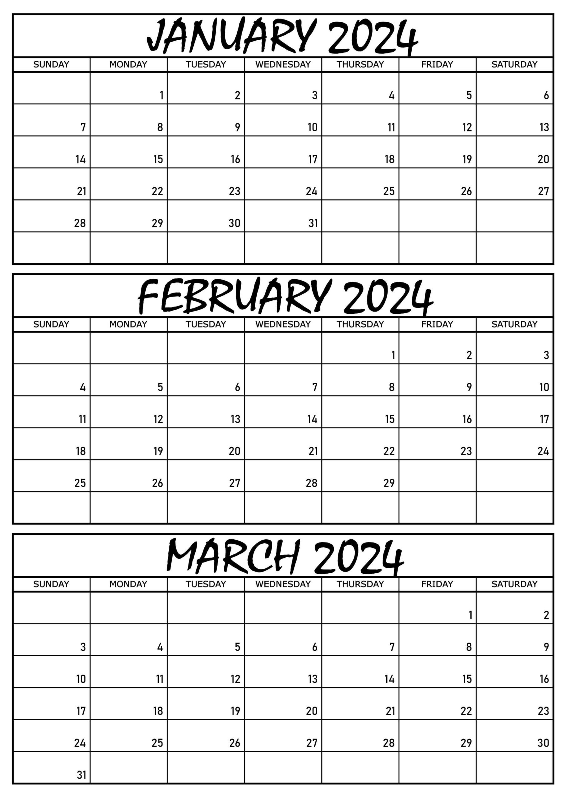 January to March 2024 Calendar PDF