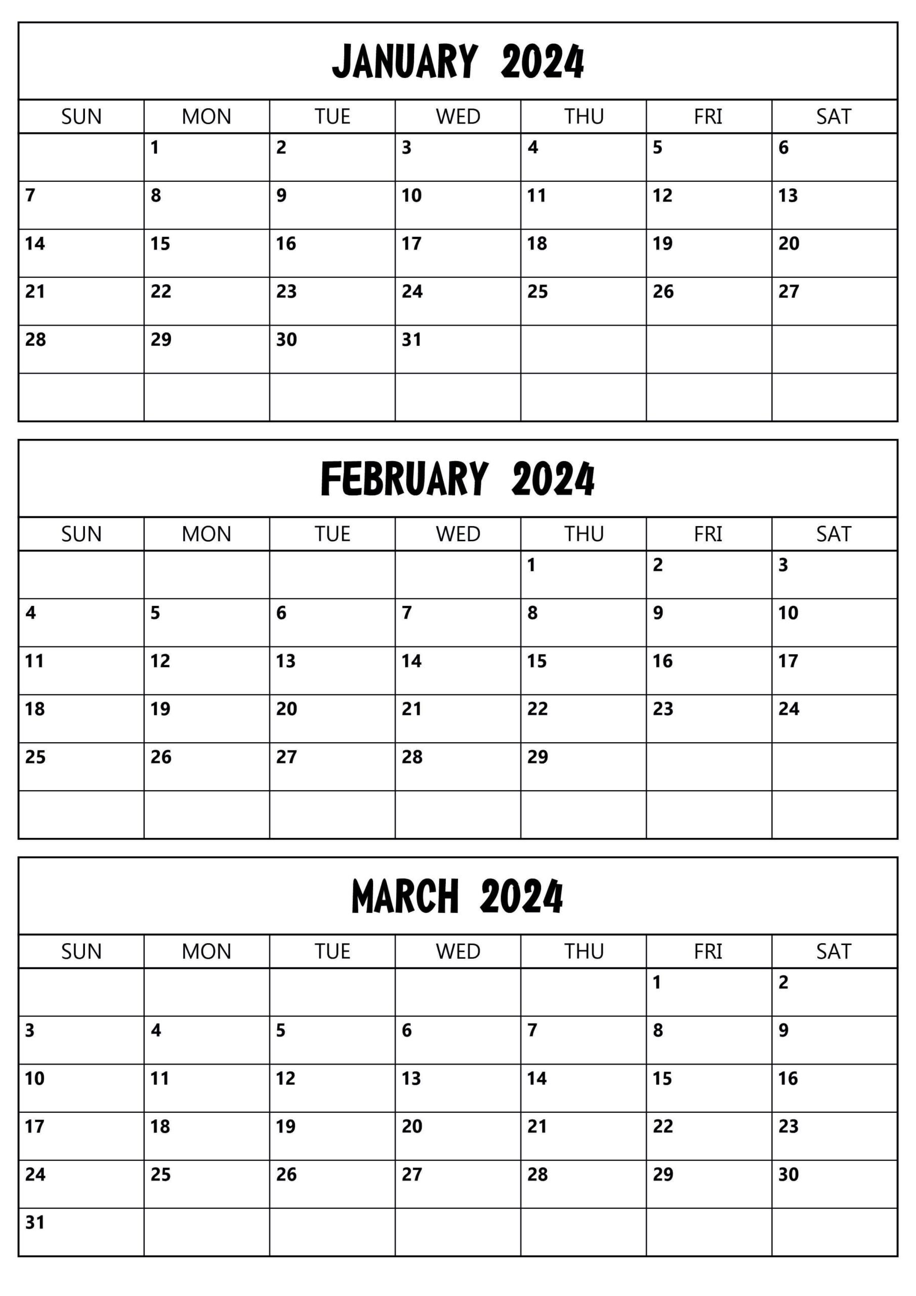 January to March 2024 Calendar