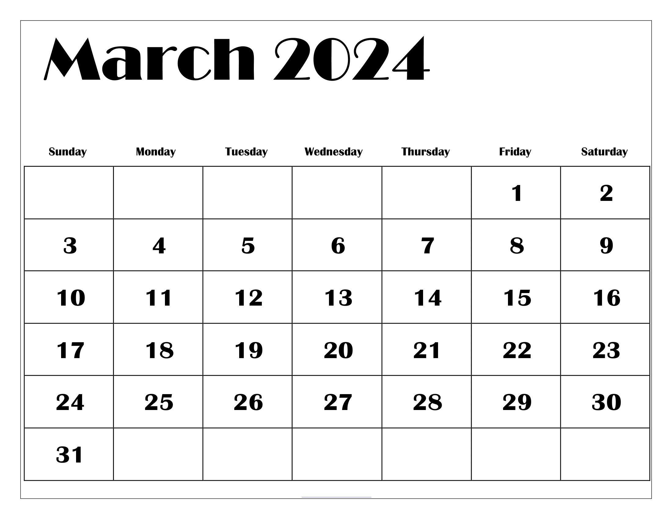 March Calendar 2024 Cute Free