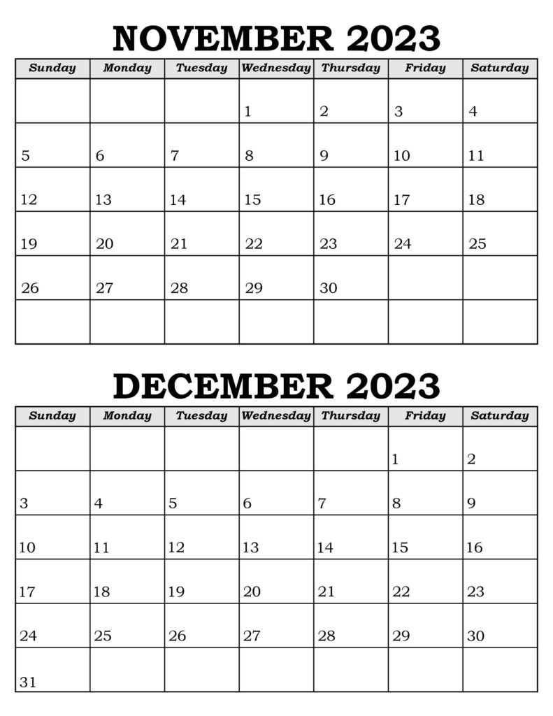 November and December Calendar 2023