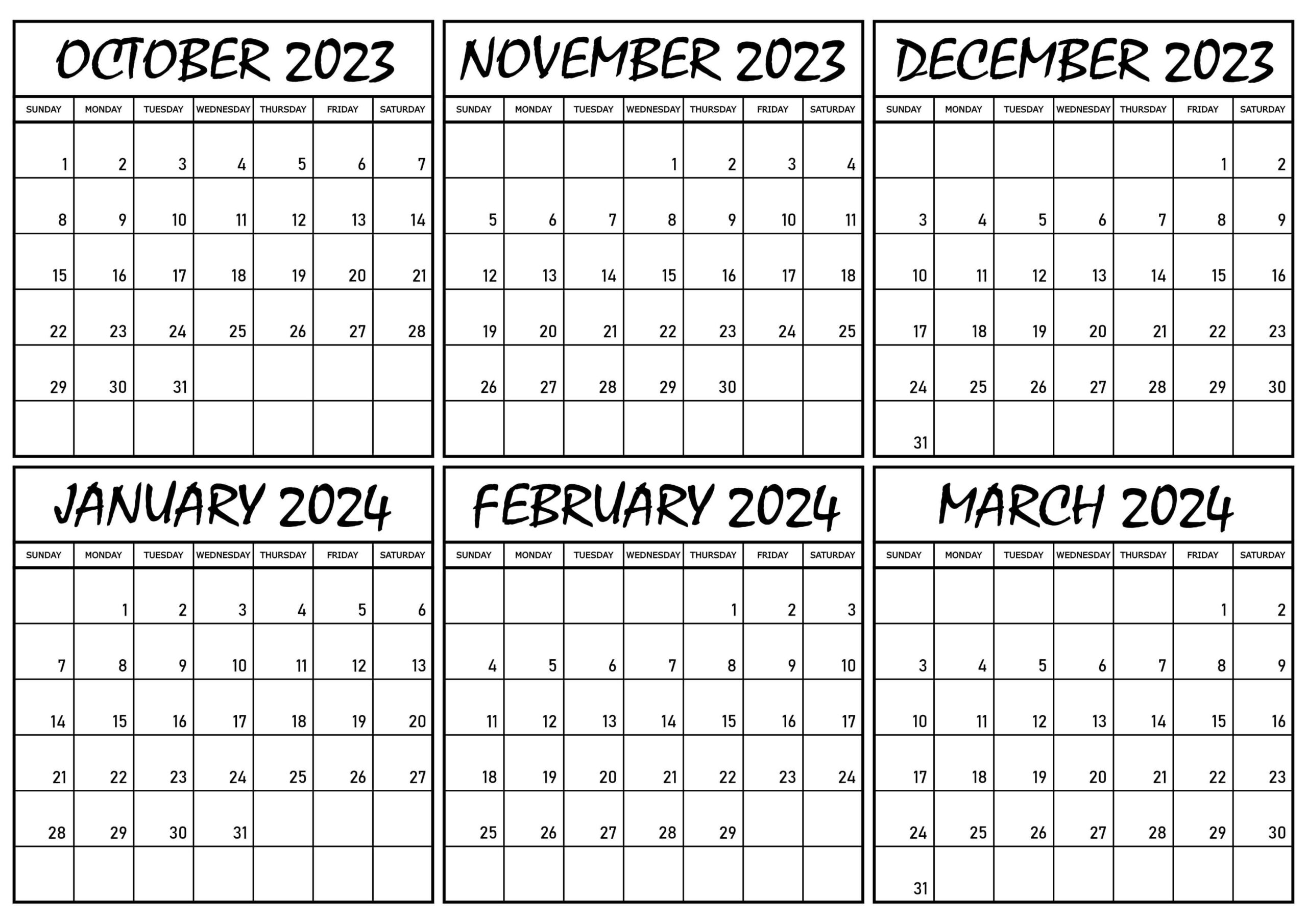 October 2023 to March 2024 Calendar Blank