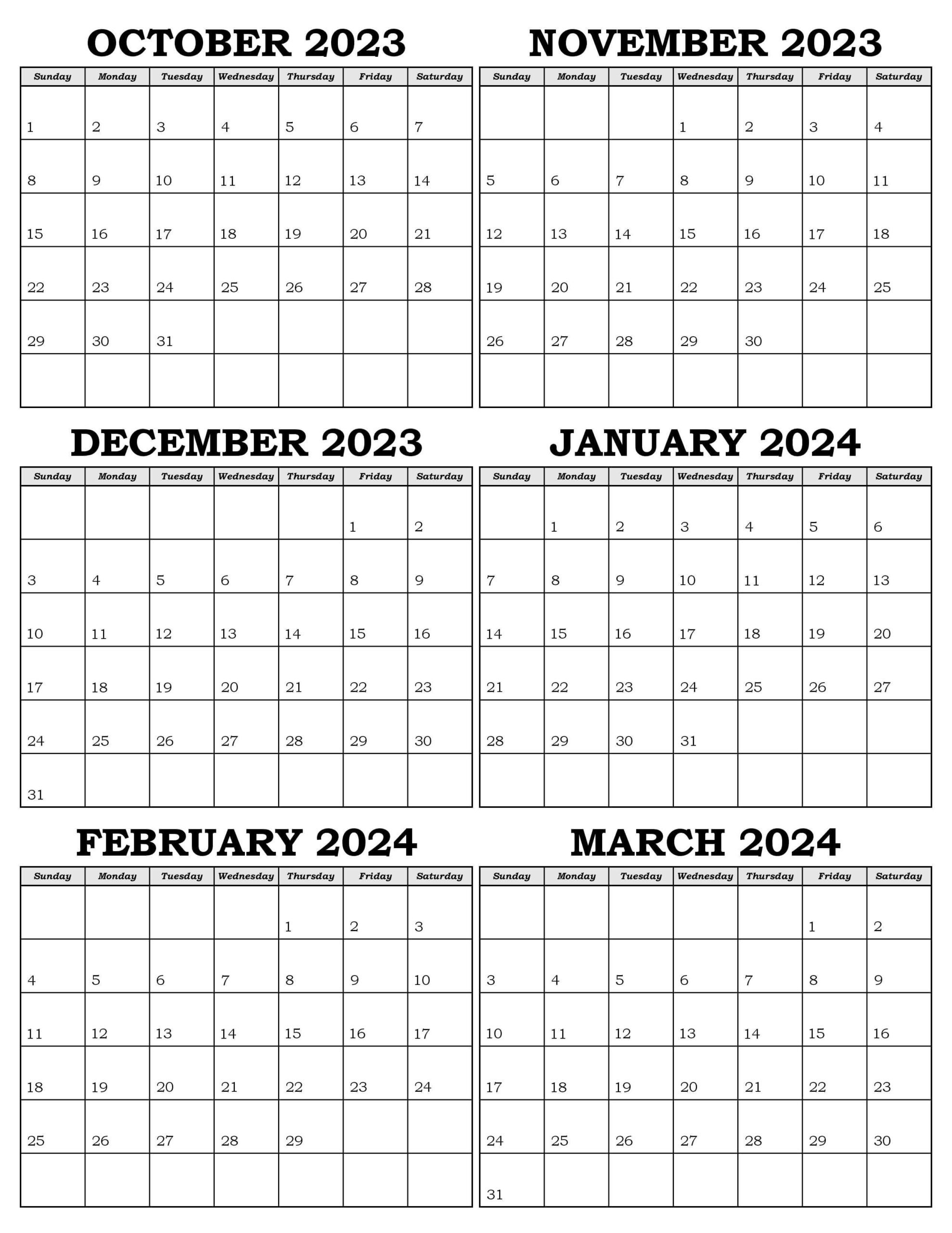 October 2023 to March 2024 Calendar Pemplate