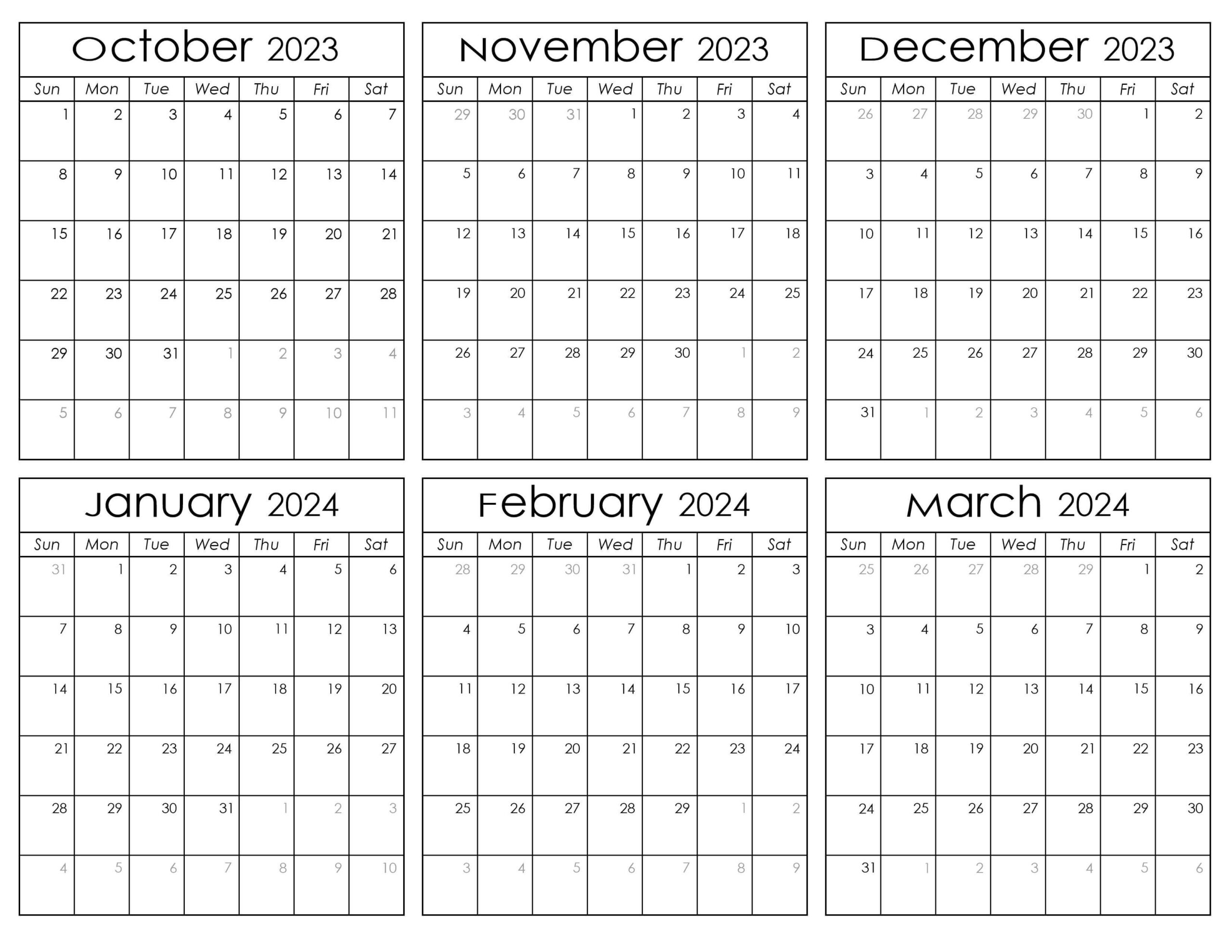 October 2023 to March 2024 Calendar Printable
