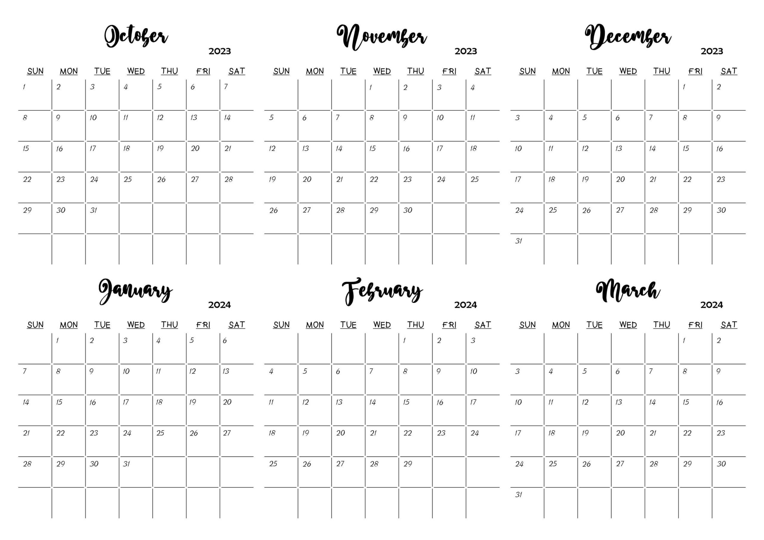 October 2023 to March 2024 Calendar