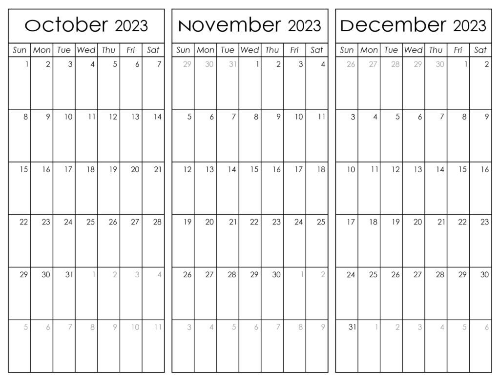 October November and December Calendar 2023