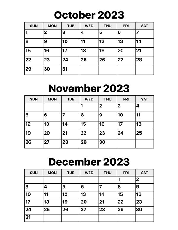 October to December 2023 Calendar Printable