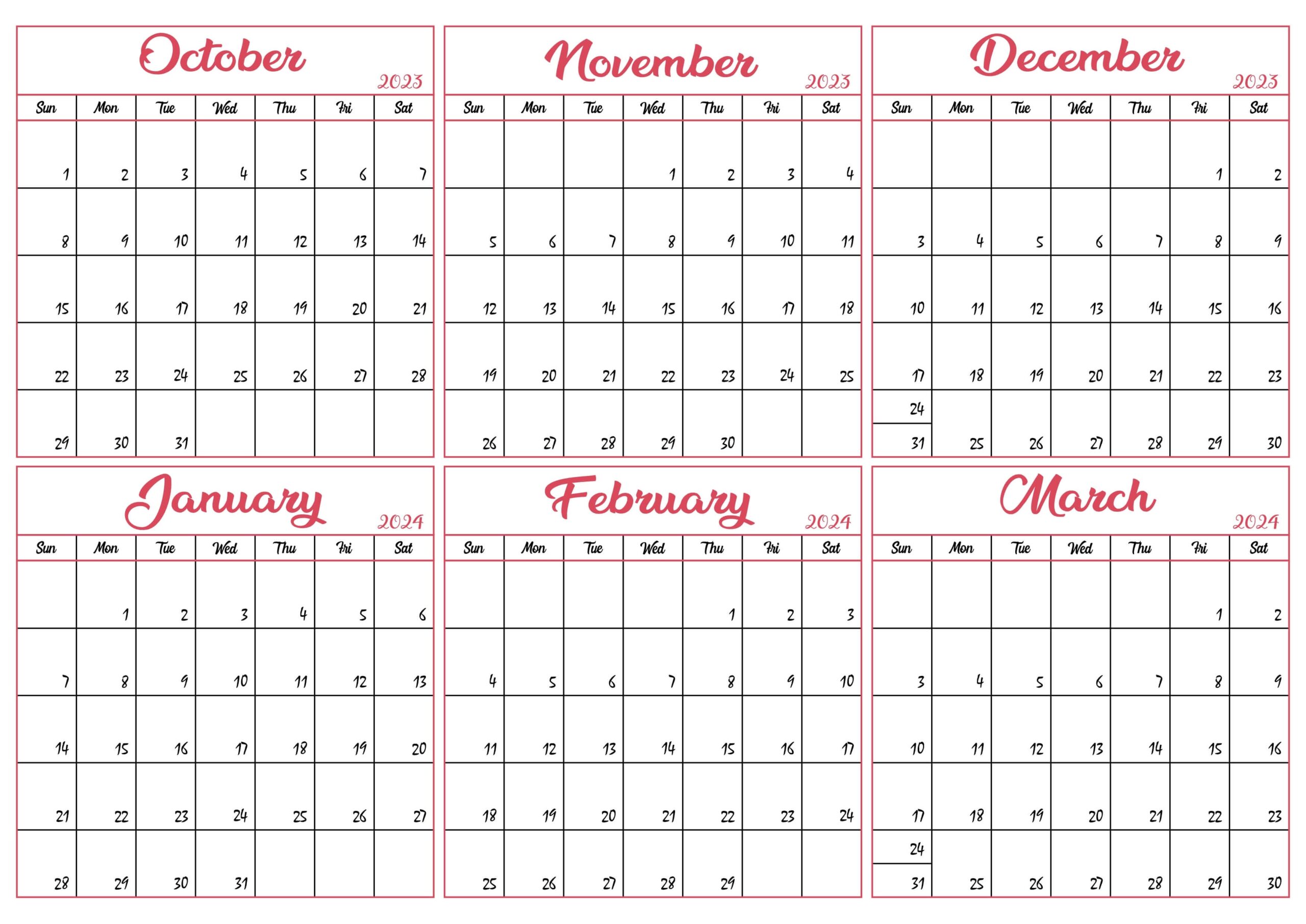 Printable 2023 October to 2024 March Calendar
