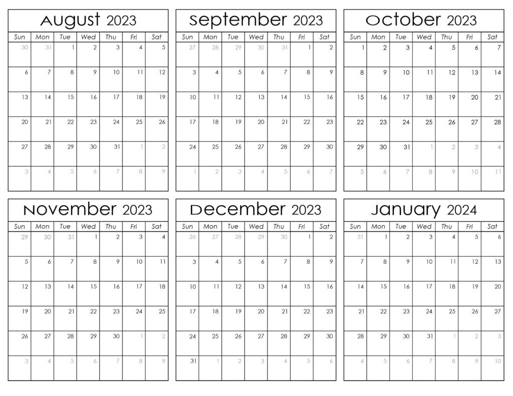 Printable August 2023 to January 2024 Calendar
