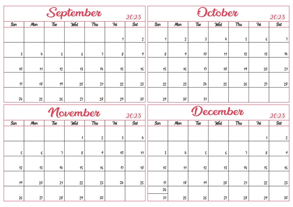 Printable Calendar September to December 2023