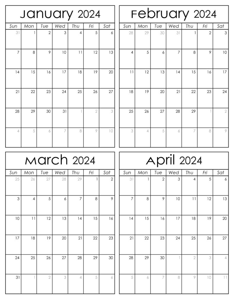 Printable January to April 2024 Calendars