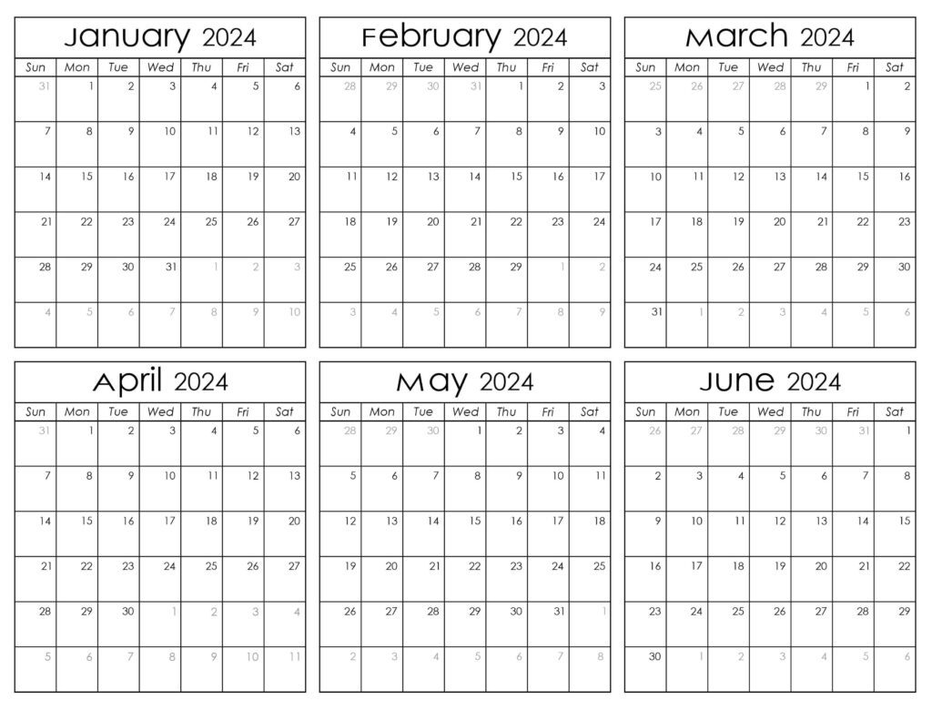 Printable January to June Calendar 2024