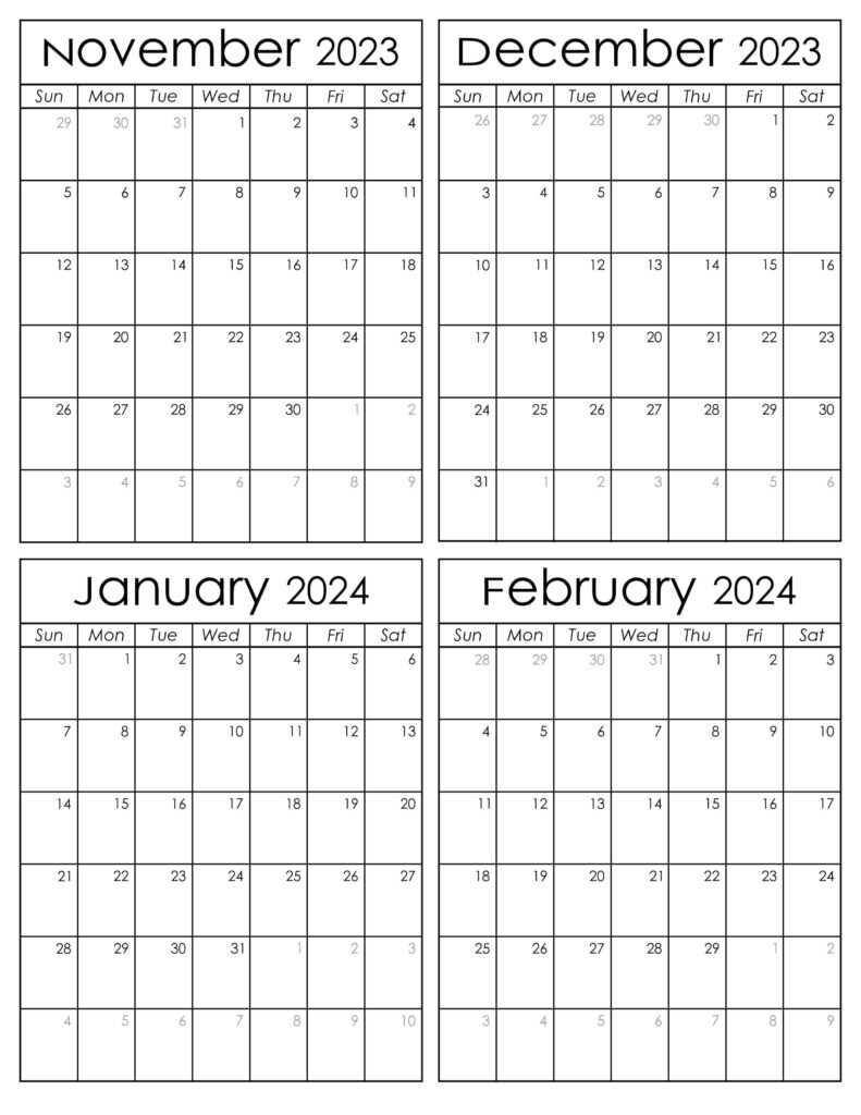 Printable November 2023 to February 2024 Calendars