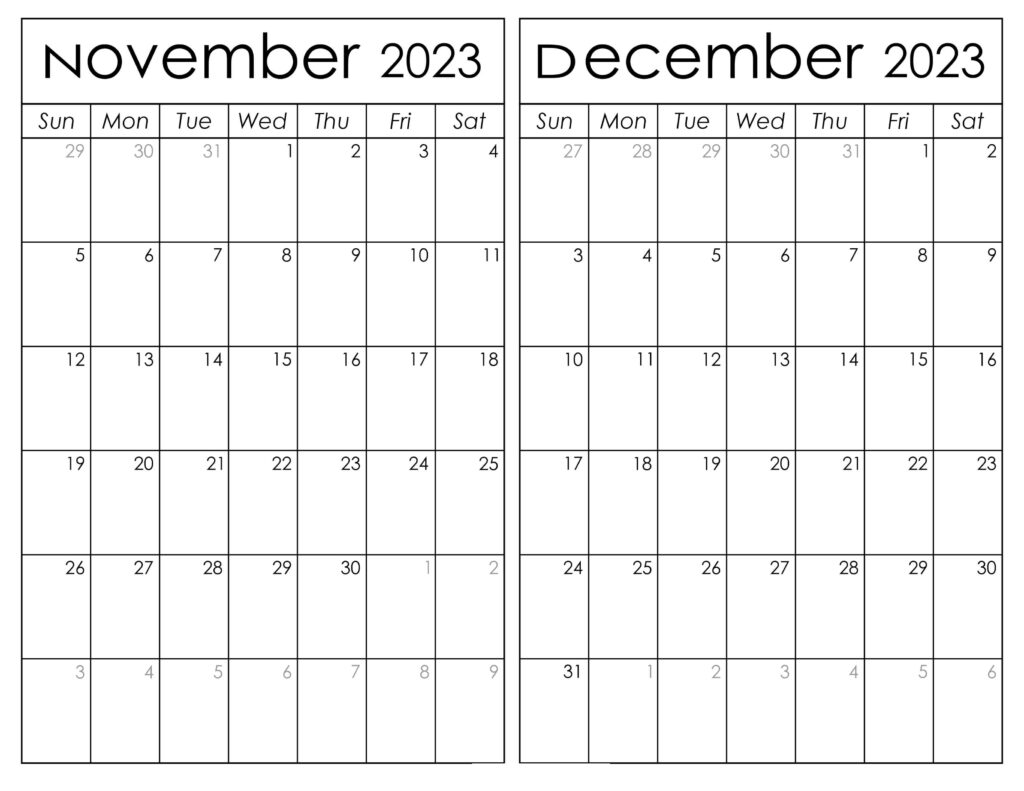 Printable November December 2023 Calendar