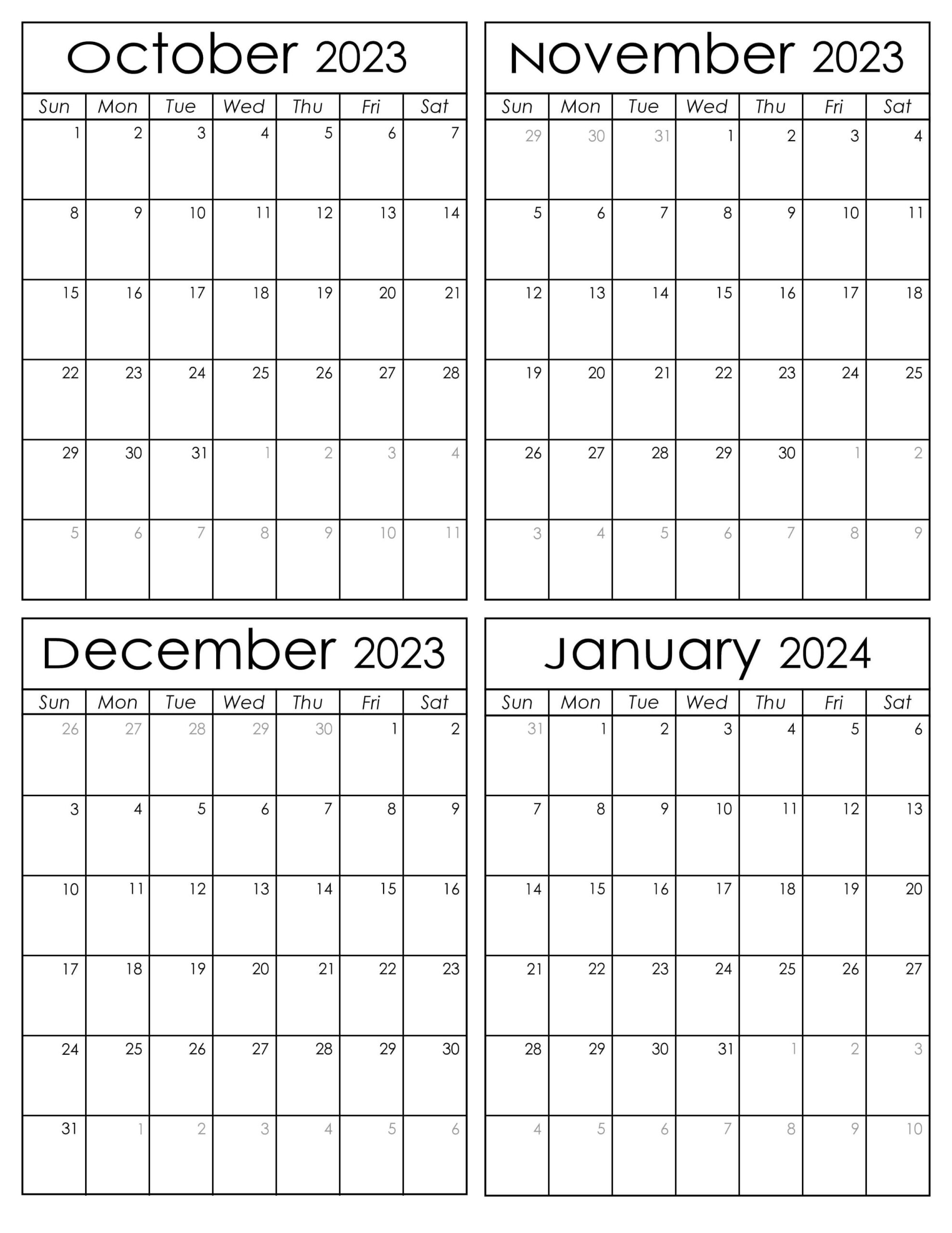 Printable October 2023 to January 2024 Calendars