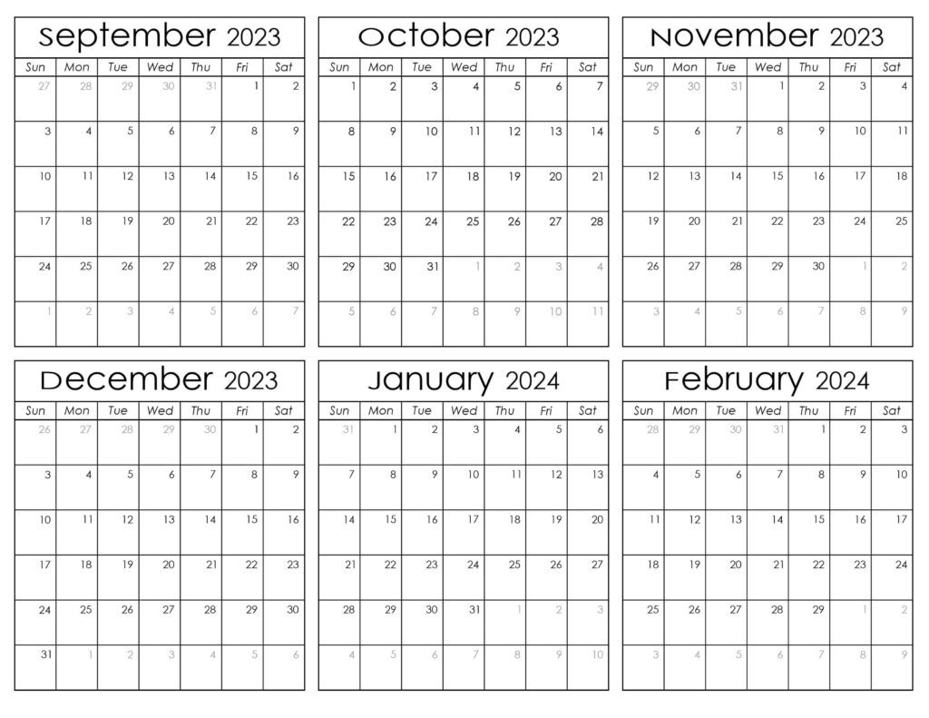 Printable September 2023 to February 2024 Calendar