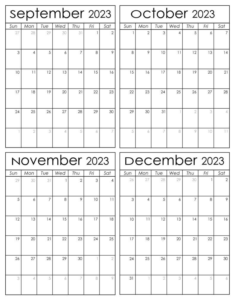 Printable September to December 2023 Calendars