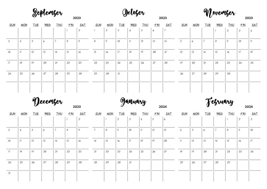 September 2023 to February 2024 Calendar Blank