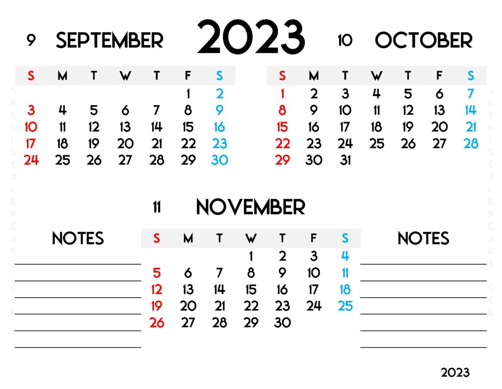 September October November 2023 Blank Calendar