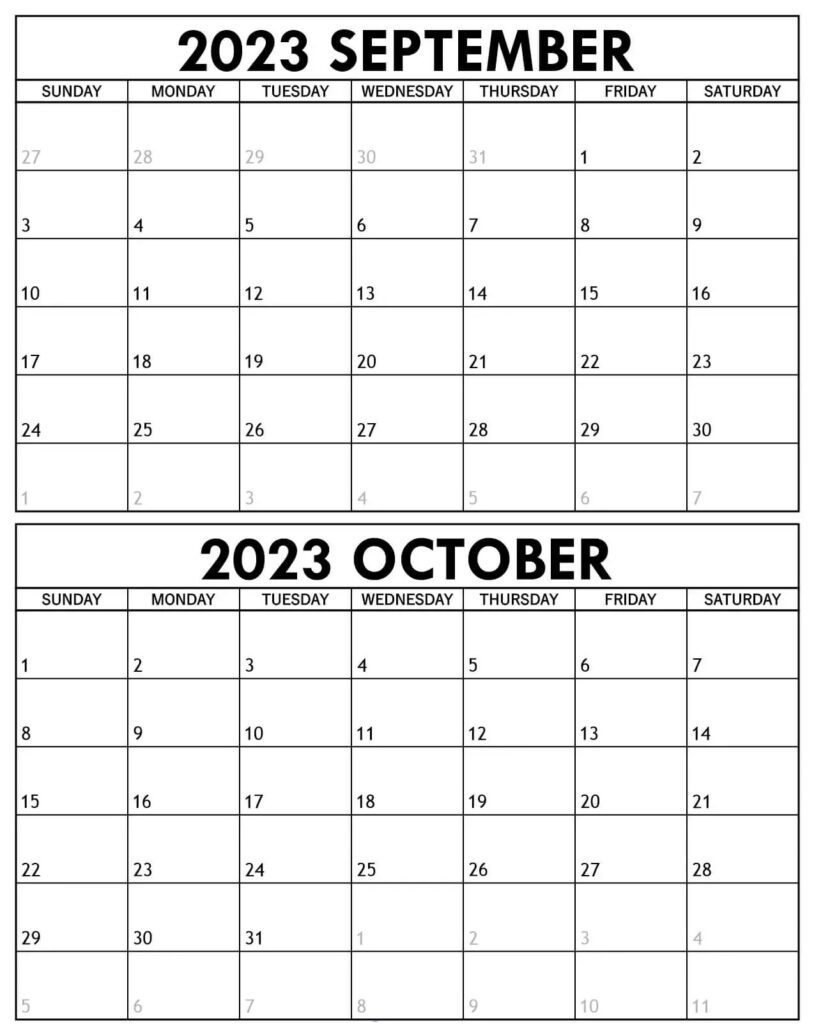 September october two months 2023 calendar horizontal