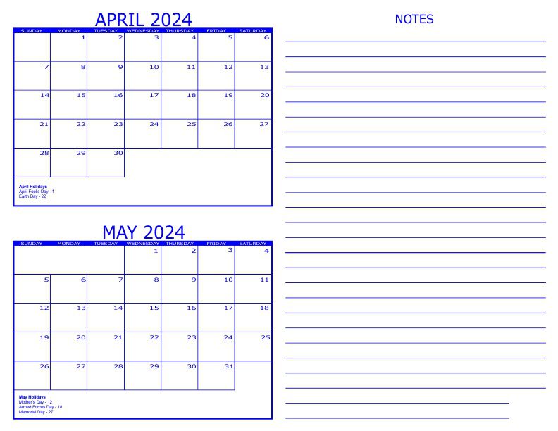 April May 2024 Calendar Note
