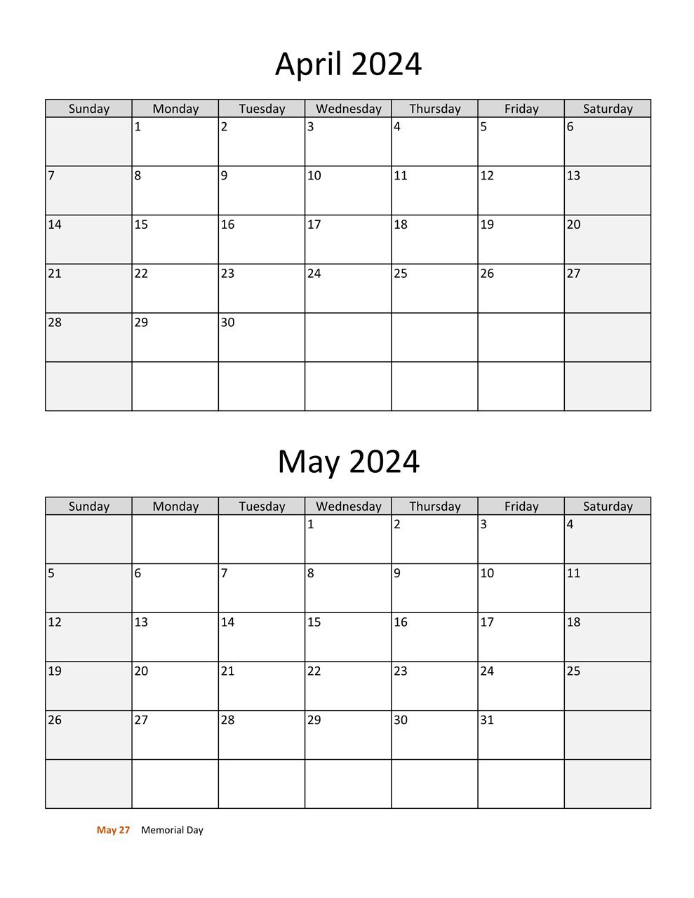 April May 2024 Calendar Templates