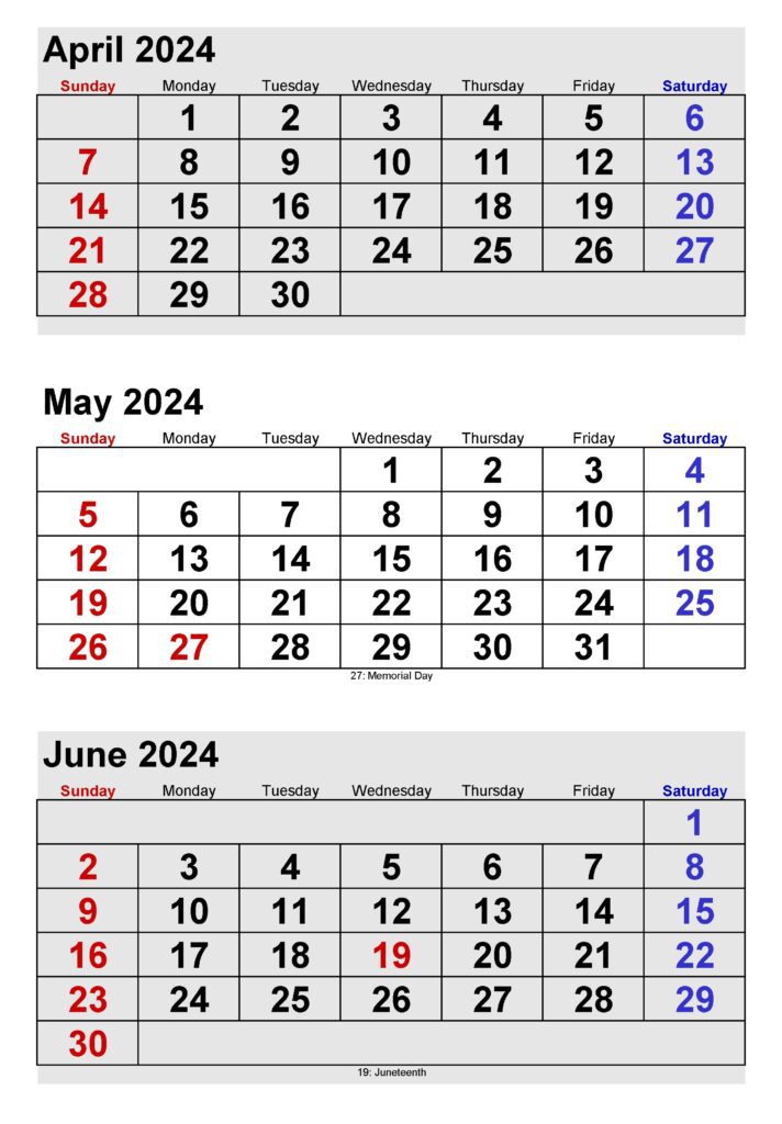 April May June 2024 Calendar PDF
