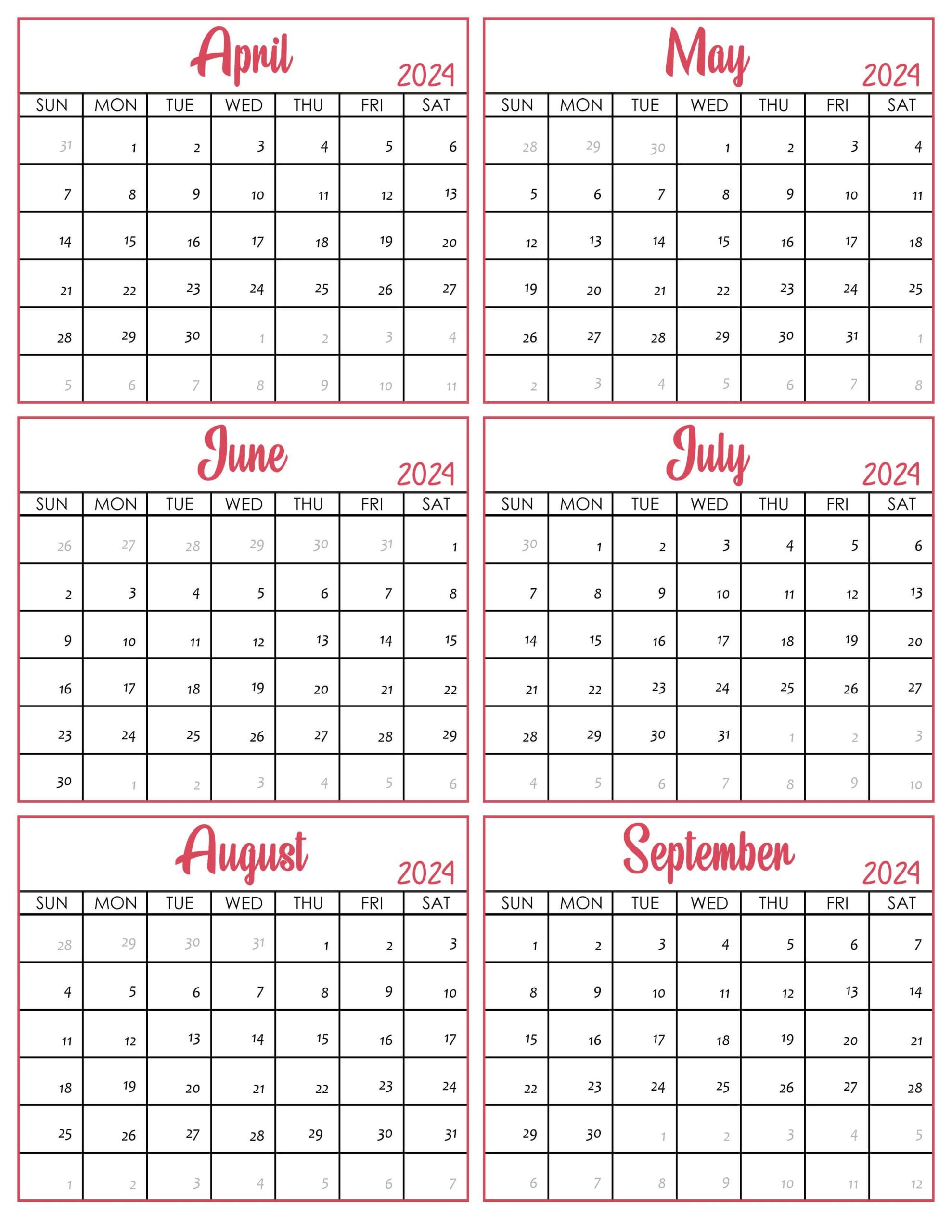 April to September 2024 Blank Calendar
