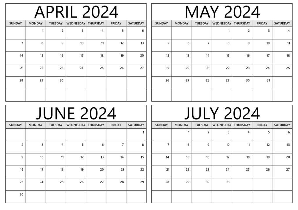Calendar April to July 2024 Templates