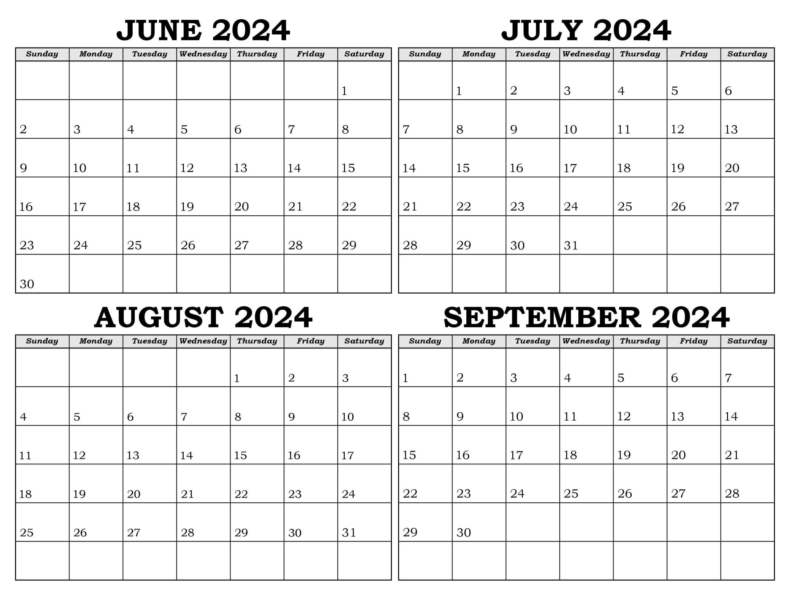 Calendar June to September 2024