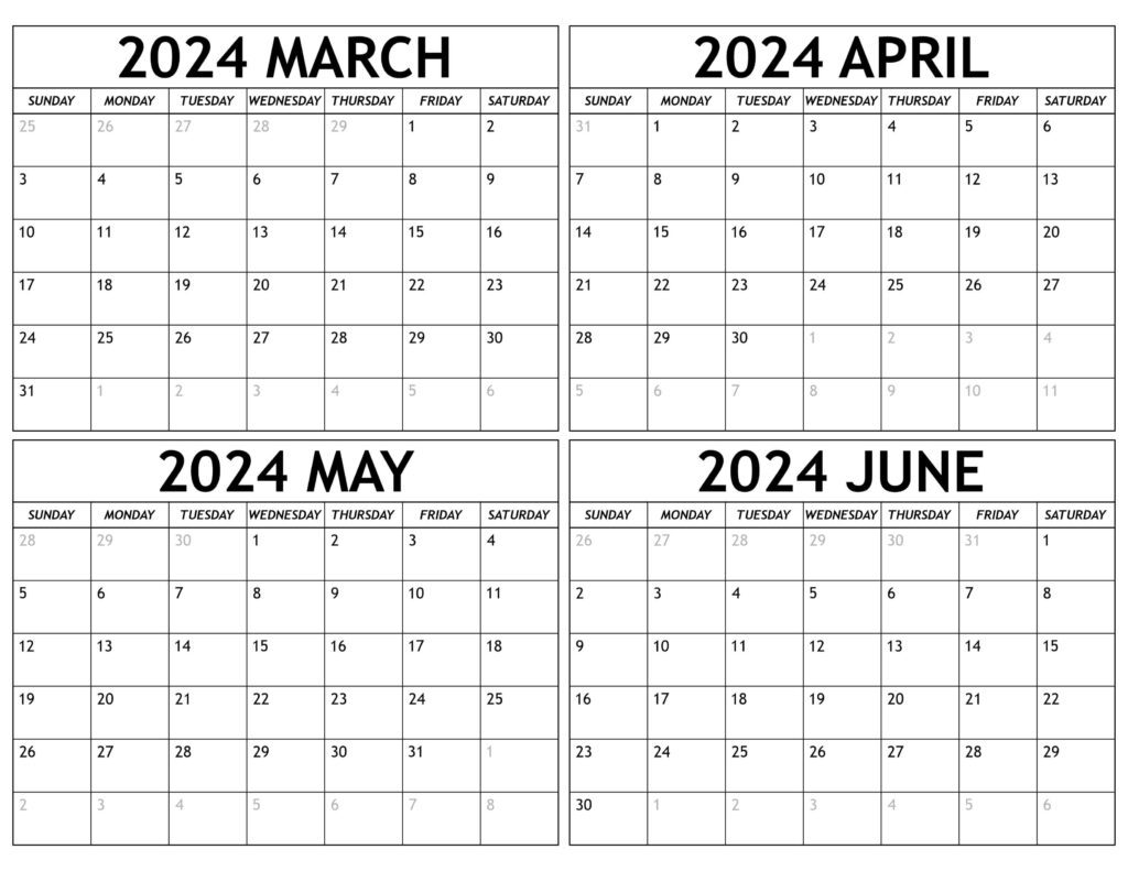 Calendar March to June 2024 Blank