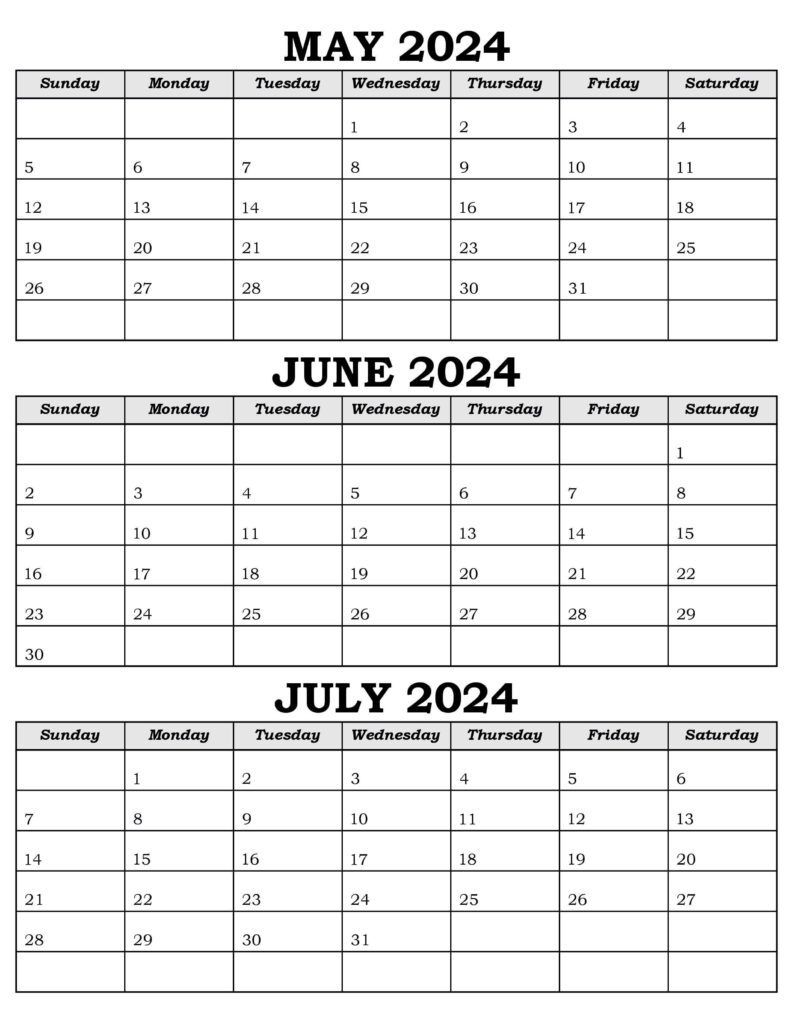 Calendar May June July 2024